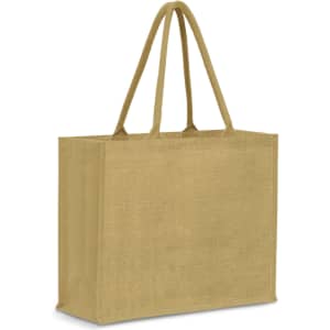 A jute tote bag in a soft yellow hue with two sturdy handles and a simple design.