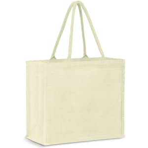 A light green jute tote bag with two sturdy handles and a plain design, featuring a logo.