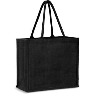 A black jute tote bag with two sturdy handles and a spacious design. It features a logo on the side.