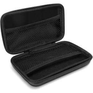 A black extra-large carry case with a zippered opening, featuring mesh pockets and compartments inside.