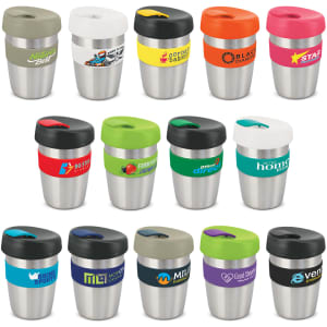 A collection of reusable drink cups featuring stainless steel bases and colourful silicone bands, each with a lid.