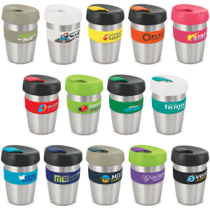 A selection of stainless steel drink cups in various colours, each with a silicone band and a distinct lid design.