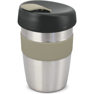 A drink bottle with a stainless steel body, silicone band in beige, and a black lid. It features a logo.