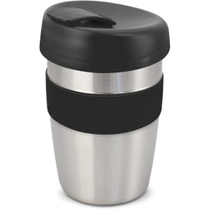 A drink bottle featuring a stainless steel body with a black silicone band and a black lid.