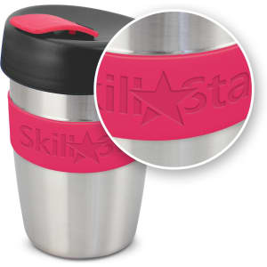 A drink bottle featuring a stainless steel body, pink silicone band, and a black lid. It also includes a logo.