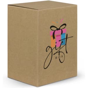 A gift box with a colourful design featuring a present and decorative elements, placed against a white background.