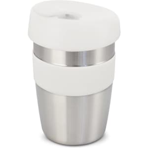 A drink bottle featuring a stainless steel base with a white silicone band and a matching lid.