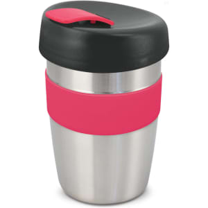 A drink bottle with a stainless steel body, a pink silicone band, and a black lid. It features a logo.