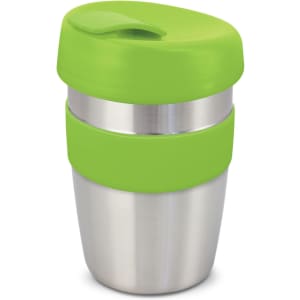 A drink bottle featuring a stainless steel body and a vibrant green silicone band and lid.