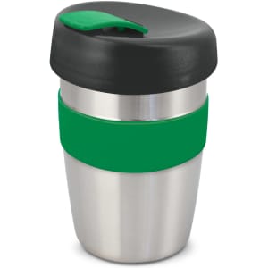 A drink bottle with a stainless steel body, green silicone band, and a black lid. It features a logo on the surface.