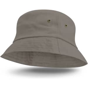 A light grey bucket hat with a wide brim and ventilation eyelets, featuring a logo on the side.