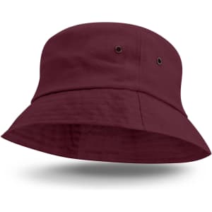 A burgundy Bondi Bucket Hat featuring a wide brim and ventilation eyelets.