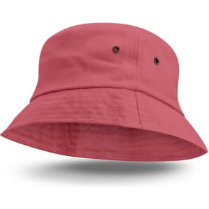 A pink Bondi bucket hat with a wide brim and ventilation holes. It features a simple design and has a logo.