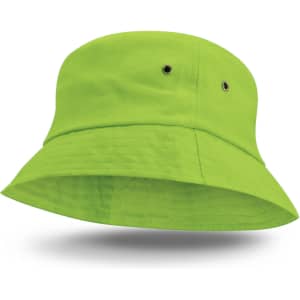 A bright green Bondi Bucket Hat featuring a wide brim and eyelets for breathability.
