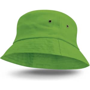 A vibrant green Bondi bucket hat featuring a wide brim and ventilation eyelets, with a logo displayed.