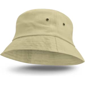 A light khaki Bondi Bucket Hat featuring a wide brim and two ventilation eyelets on the sides.