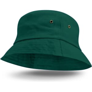 A green Bondi bucket hat with a wide brim and ventilation eyelets. It features a logo on the side.