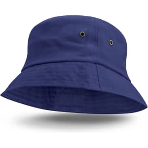 A navy blue bucket hat with a wide brim and ventilation holes, featuring a logo on the side.