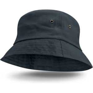 A dark grey bucket hat with a wide brim and two ventilation eyelets on the sides.