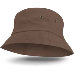 A brown bucket hat featuring a wide brim and eyelets, displayed against a white background.