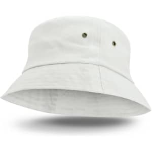 A white Bondi Bucket Hat with a wide brim and two ventilation eyelets on the sides.