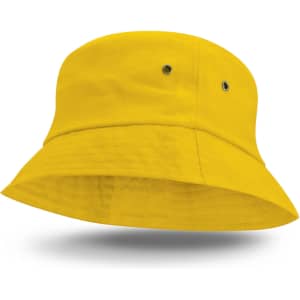 A vibrant yellow Bondi Bucket Hat featuring a wide brim and ventilation eyelets.