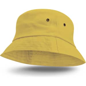 A yellow Bondi Bucket Hat featuring a wide brim and eyelets for ventilation.