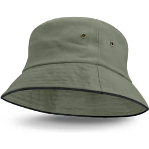 A green bucket hat with a black trim and two eyelets. It has a wide, flexible brim.