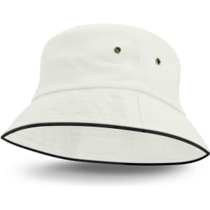 A black sandwich trim bucket hat in a light colour, featuring ventilation eyelets and a wide brim.