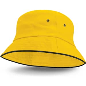 A yellow bucket hat with black sandwich trim and ventilation eyelets. It has a wide brim for sun protection.