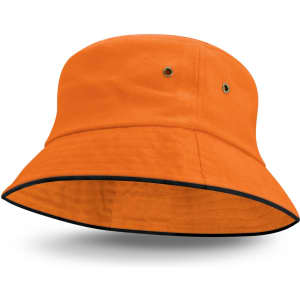 An orange bucket hat with a black sandwich trim, featuring ventilation eyelets and a wide brim.