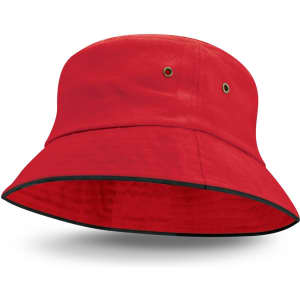 A red bucket hat with a black trim and eyelets, featuring a curved brim and a simple design.