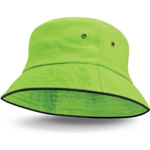 A bright green bucket hat featuring a black sandwich trim and ventilation eyelets.