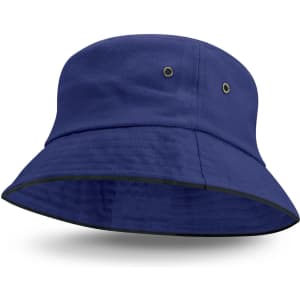 A black bucket hat with sandwich trim and two ventilation eyelets on the sides.