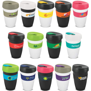 A collection of reusable drink cups in various colours, featuring different lids and branding options.