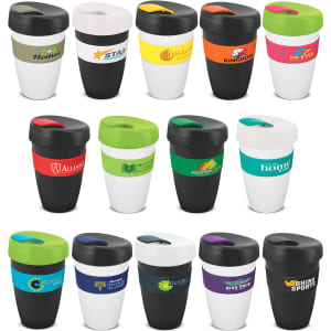 A collection of multi-coloured drink bottles with lids, featuring various logos and designs in black, white, and vibrant shades.