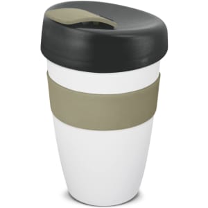 A drink bottle featuring a white body, dark lid, and khaki silicone band. It has a logo on the surface.