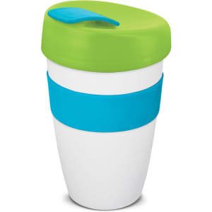 A drink bottle in white with a bright green lid and blue silicone band, featuring a logo.