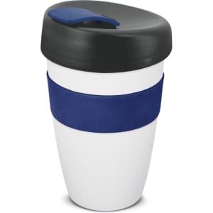 A drink bottle featuring a white body, navy silicone band, and a black lid. It has a logo on the side.