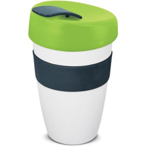 A drink bottle featuring a white body, green top, and navy silicone band, with a branded logo. Capacity: 480ml.