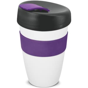 A drink bottle featuring a white body, purple grip, and black lid, designed for convenient use.