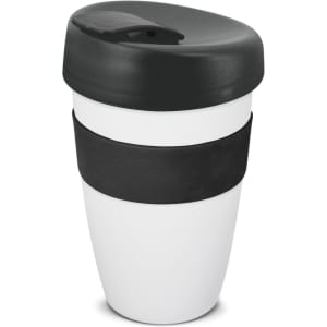 A drink bottle with a black lid and sleeve, featuring a white body. It has a logo on the side.
