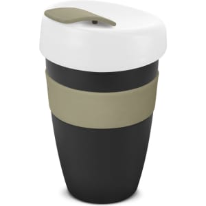 A drink bottle featuring a black body, white lid, and olive green band, with a logo on the side.