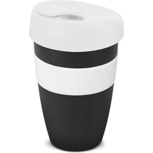 A drink bottle in black and white, featuring a sleek design and a lid with a logo. Capacity is 480ml.
