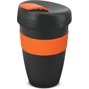 A drink bottle in black with an orange band and lid, featuring a logo on the side. Capacity of 480ml.