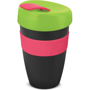 A drink bottle with a black body, pink band, and green lid. It features a logo on the surface.