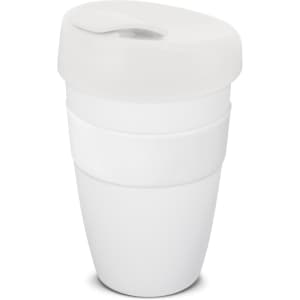 A drink bottle featuring a white body, white lid, and white sleeve, with a logo on the surface.