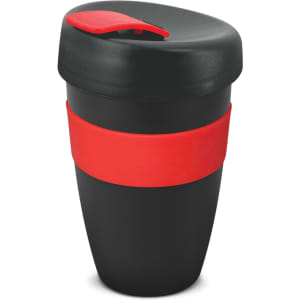 A drink bottle featuring a black body with a red silicone band and a black lid. It has a branding logo on it.