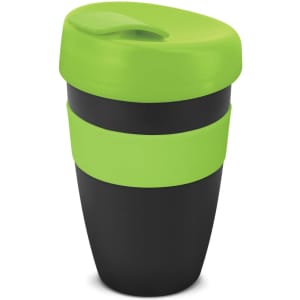A drink bottle in green and black, featuring a secure lid and a branded design. Perfect for beverages on the go.