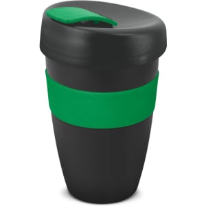 A drink bottle featuring a black body with a green silicone band and a green lid. It has a logo on the side.